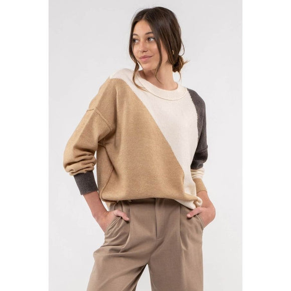 Women's Sweaters - Diagonal Colorblock Knit Sweater - Taupe - Cultured Cloths Apparel