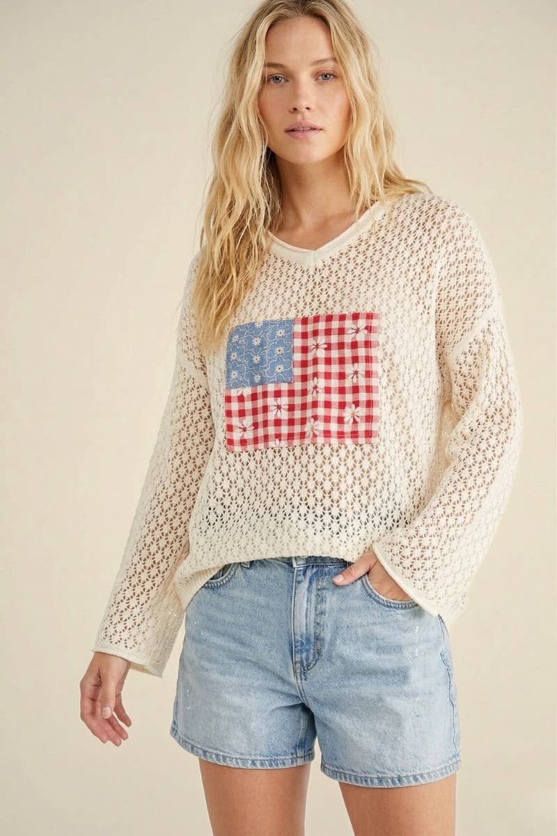 U.S.A Flag Patchwork Open Knit Top