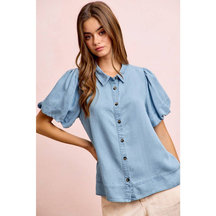 Women's Short Sleeve - PUFF SLEEVES WASHED TENCEL SHIRT TOP - - Cultured Cloths Apparel