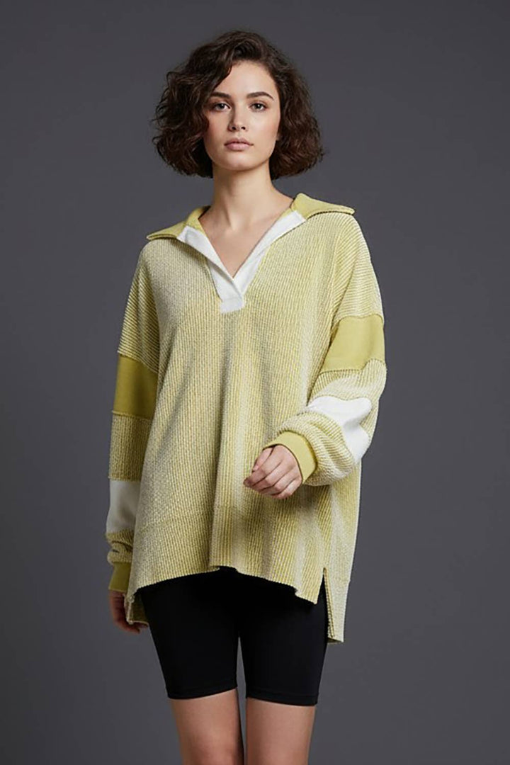 Sweaters & Outerwear - Color-block Collared Loose Fit Top - - Cultured Cloths Apparel