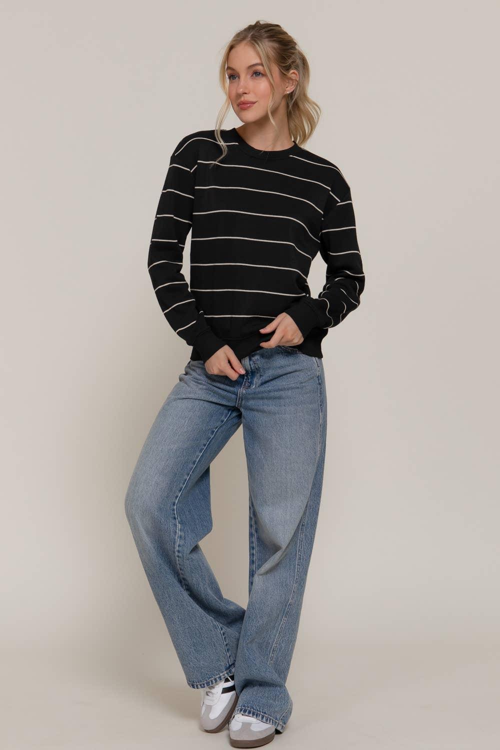 Women's Sweaters - Long Sleeve Engineer Stripe Inner Fleece Sweatshirt - BLACK - Cultured Cloths Apparel
