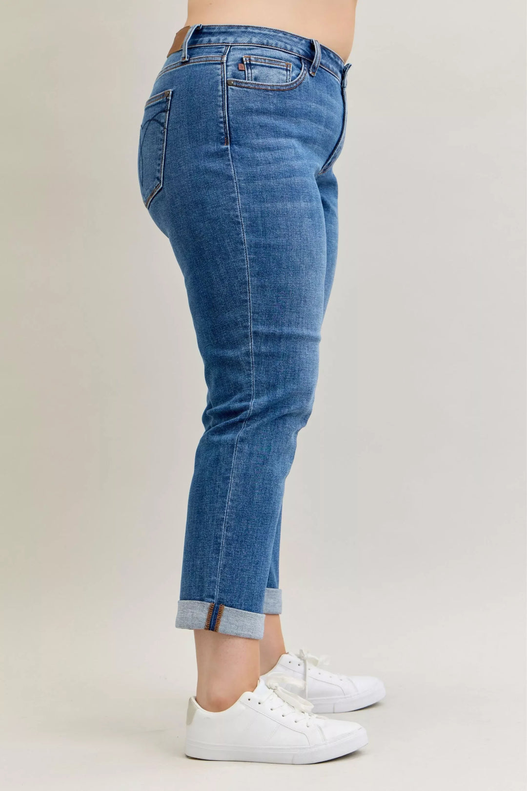 Denim - Judy Blue Full Size Mid Rise BF Classic Cuffed Jeans Plus Size - - Cultured Cloths Apparel