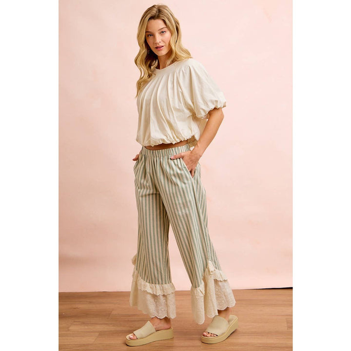 Pants - STRIPE WOVEN RUFFLED LACE HEM PANTS WITH SIDE POCKET - - Cultured Cloths Apparel