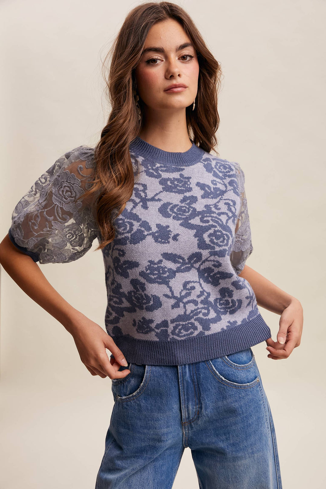 Women's Short Sleeve - Rose Embroidered Contrast Knit Top - - Cultured Cloths Apparel