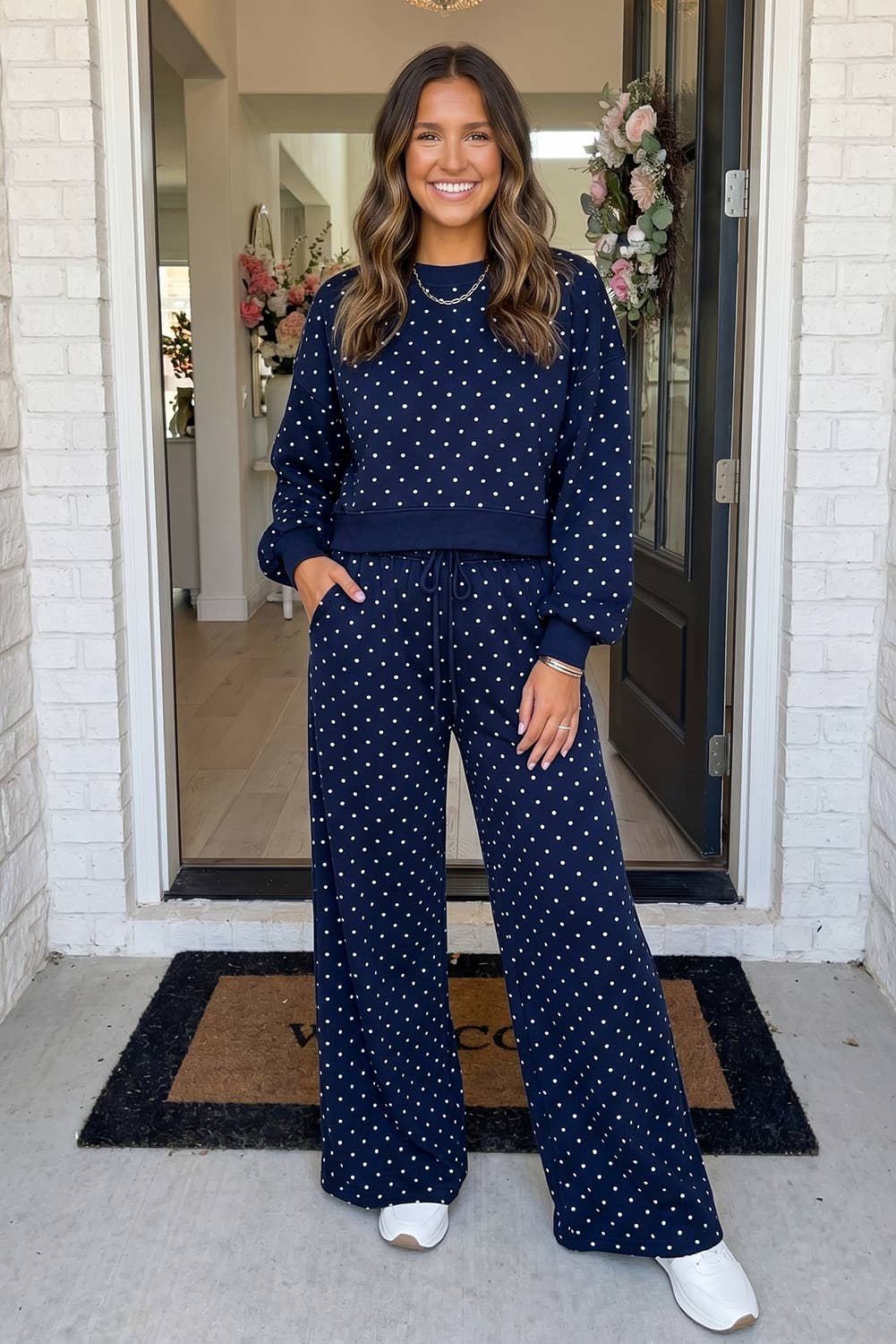 Polka Dot Casual Shift Drawstring Pants Set