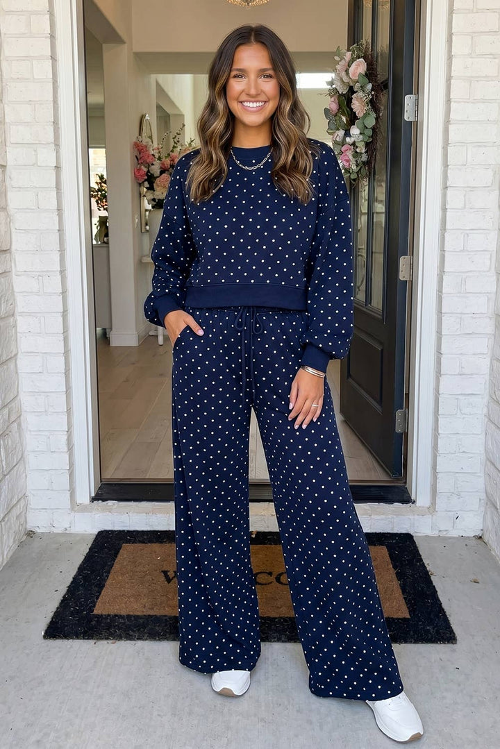 Polka Dot Casual Shift Drawstring Pants Set