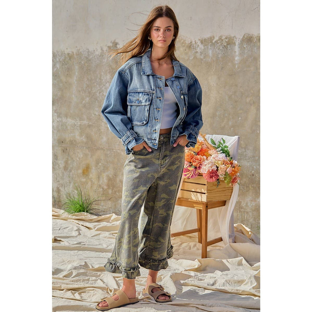 Pants - CAMOUFLAGE DENIM RUFFLED HEM MID RISE PANTS - - Cultured Cloths Apparel