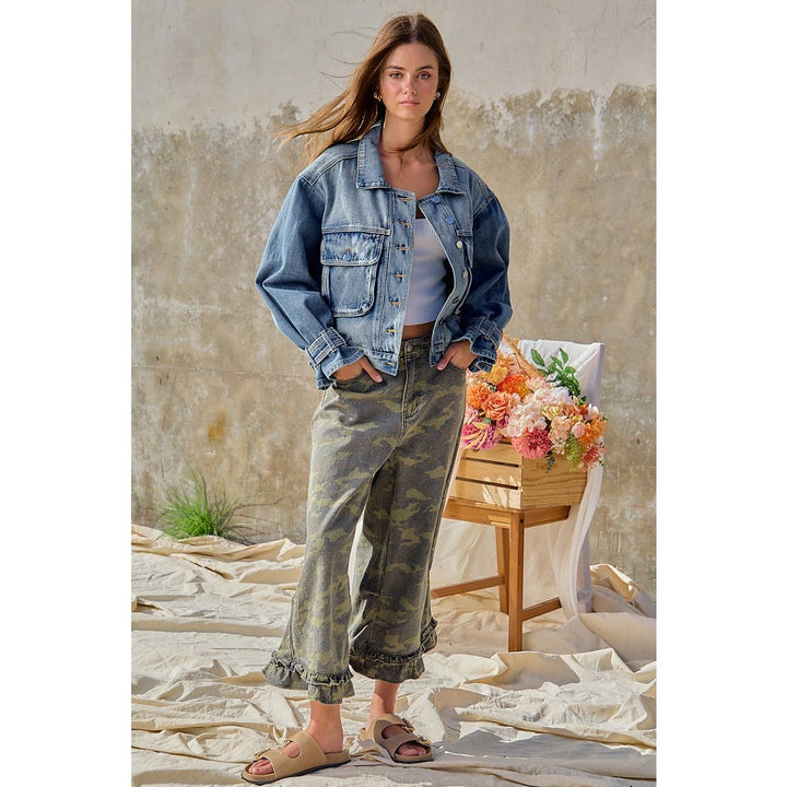 Pants - CAMOUFLAGE DENIM RUFFLED HEM MID RISE PANTS - - Cultured Cloths Apparel