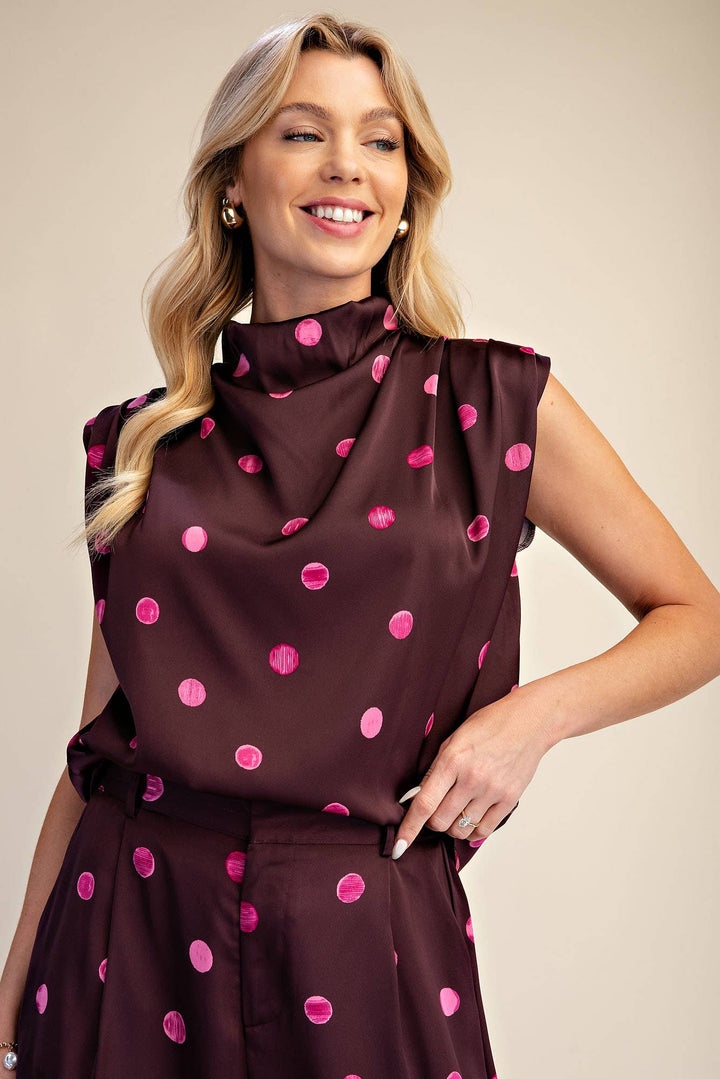 Cowl Mock Neck Pleats Shoulder Sleeveless Top Polka Dot