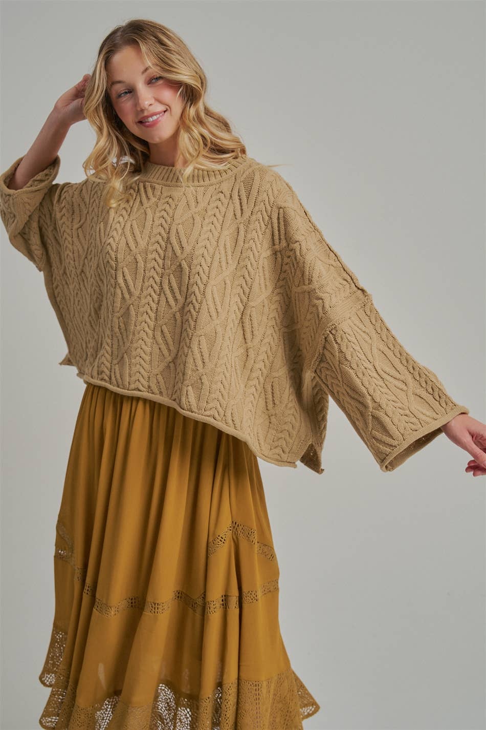 OVERSIZED CABLE KNIT CASUAL BOHO FALL SWEATERTOP