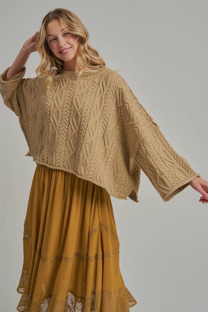 OVERSIZED CABLE KNIT CASUAL BOHO FALL SWEATERTOP