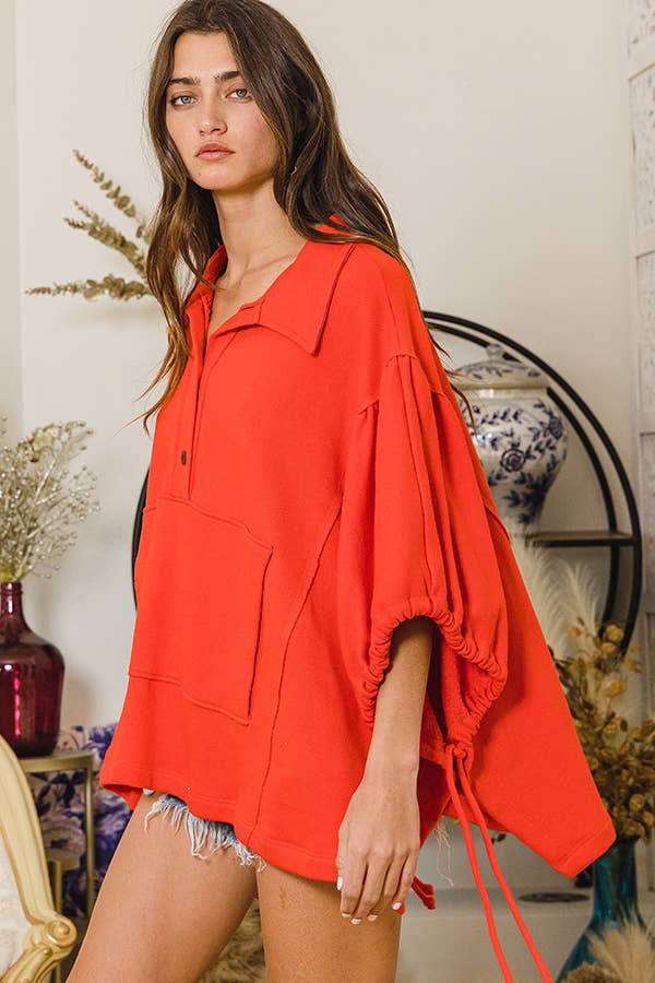 Women's Short Sleeve - Gray Oversized Drawstring Tie Sleeves Detail Solid Top - - Cultured Cloths Apparel