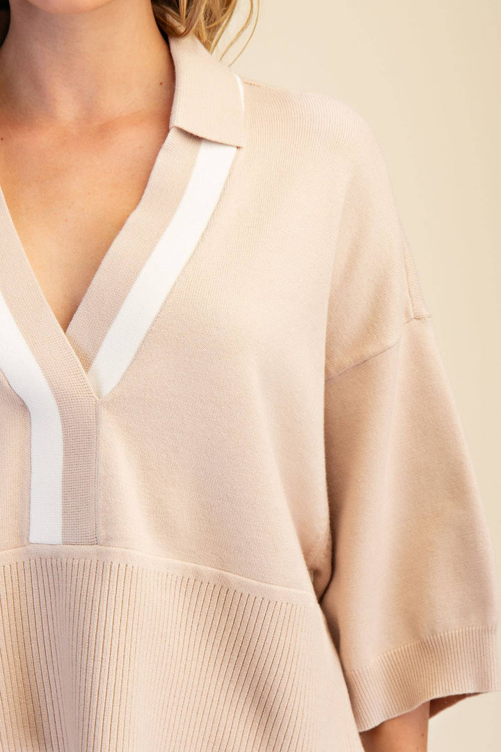 Nude Collar With Contrast Trim Loose Fit Dropped Shoulder Sweater