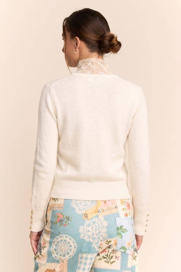Lace High-Neck Layered V-Neck Sweater