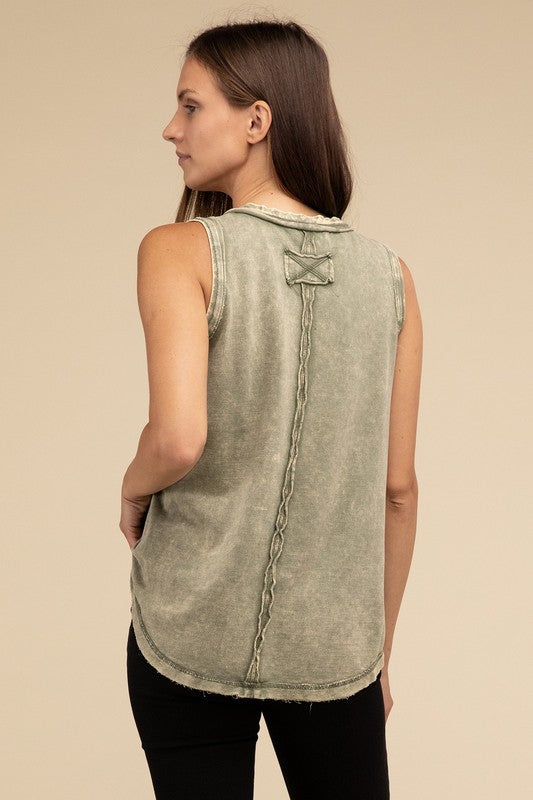  - Washed Half-Button Raw Edge Sleeveless Henley Top -  - Cultured Cloths Apparel