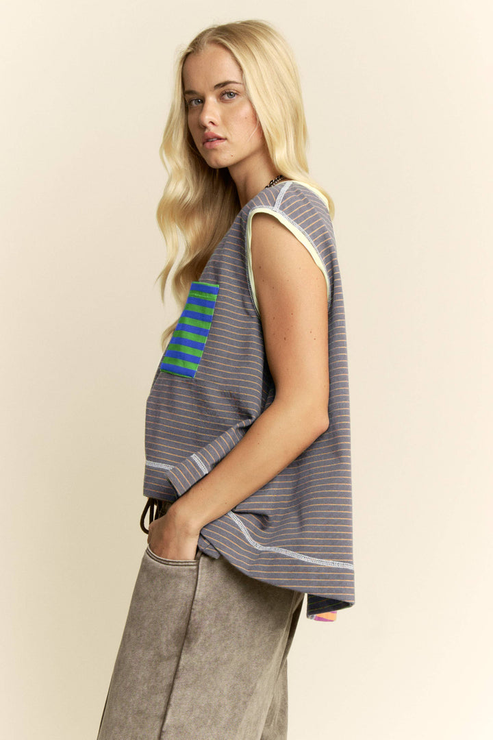 Women's Sleeveless - STRIPED COLORBLOCK SLEEVELESS VEST TOP - - Cultured Cloths Apparel