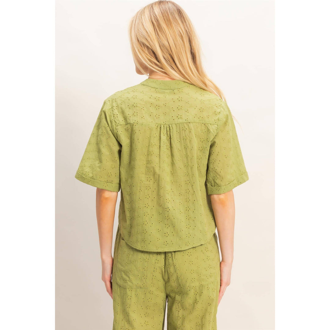 Olive Floral Eyelet Mandarin Collar Top