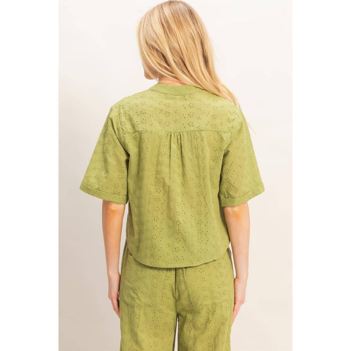 Olive Floral Eyelet Mandarin Collar Top