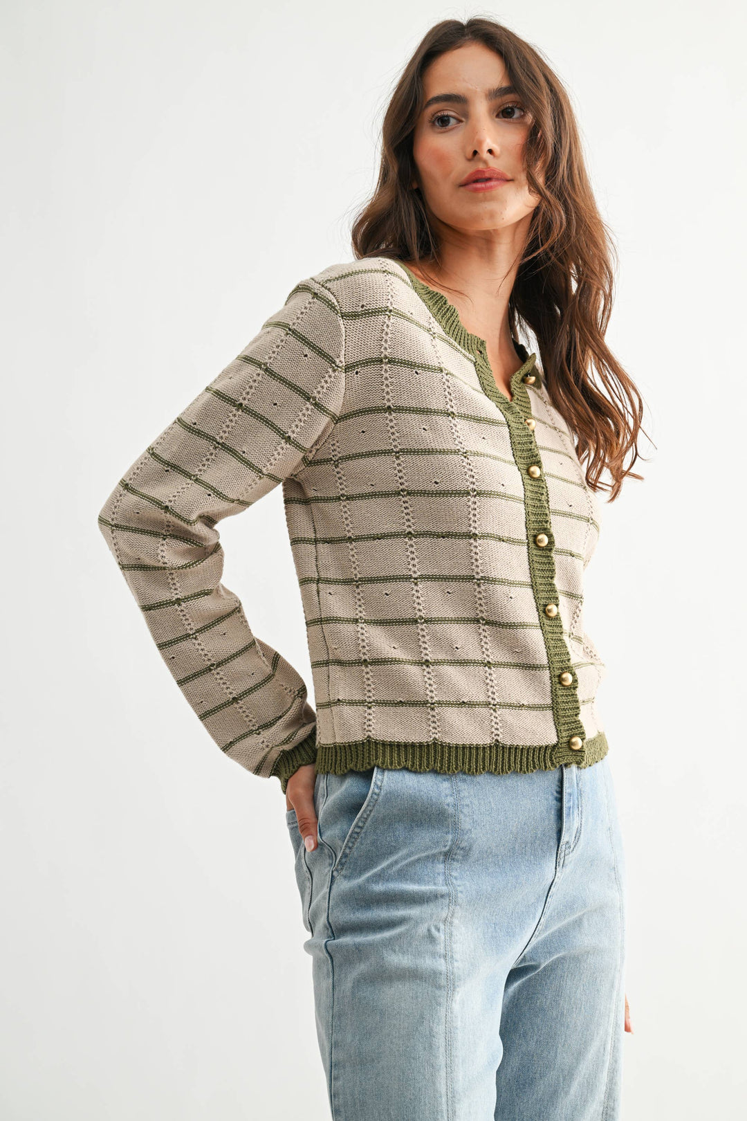 Olive Trim Button-Up Cardigan