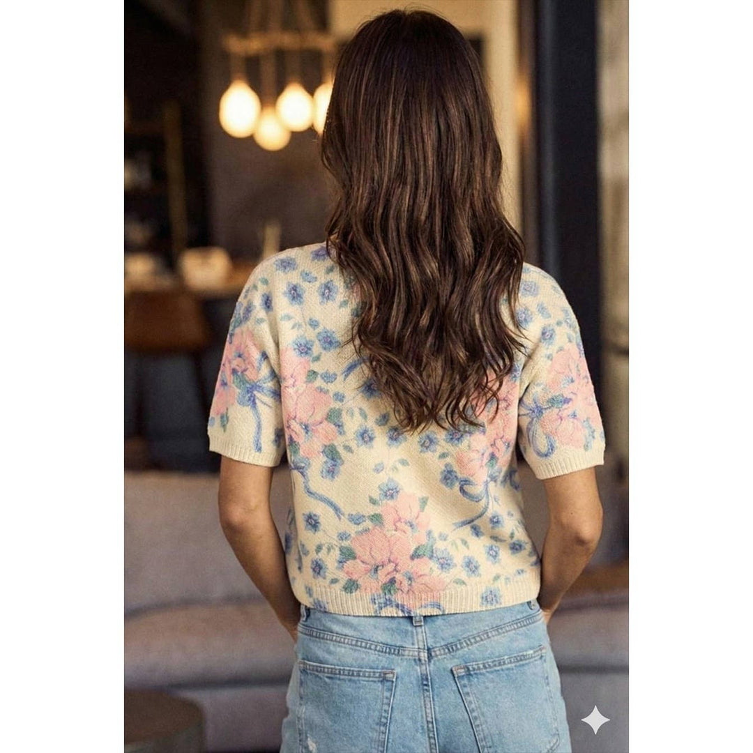 Women's Short Sleeve - Petal Floral Ribbon Bloom Pullover Sweater - - Cultured Cloths Apparel