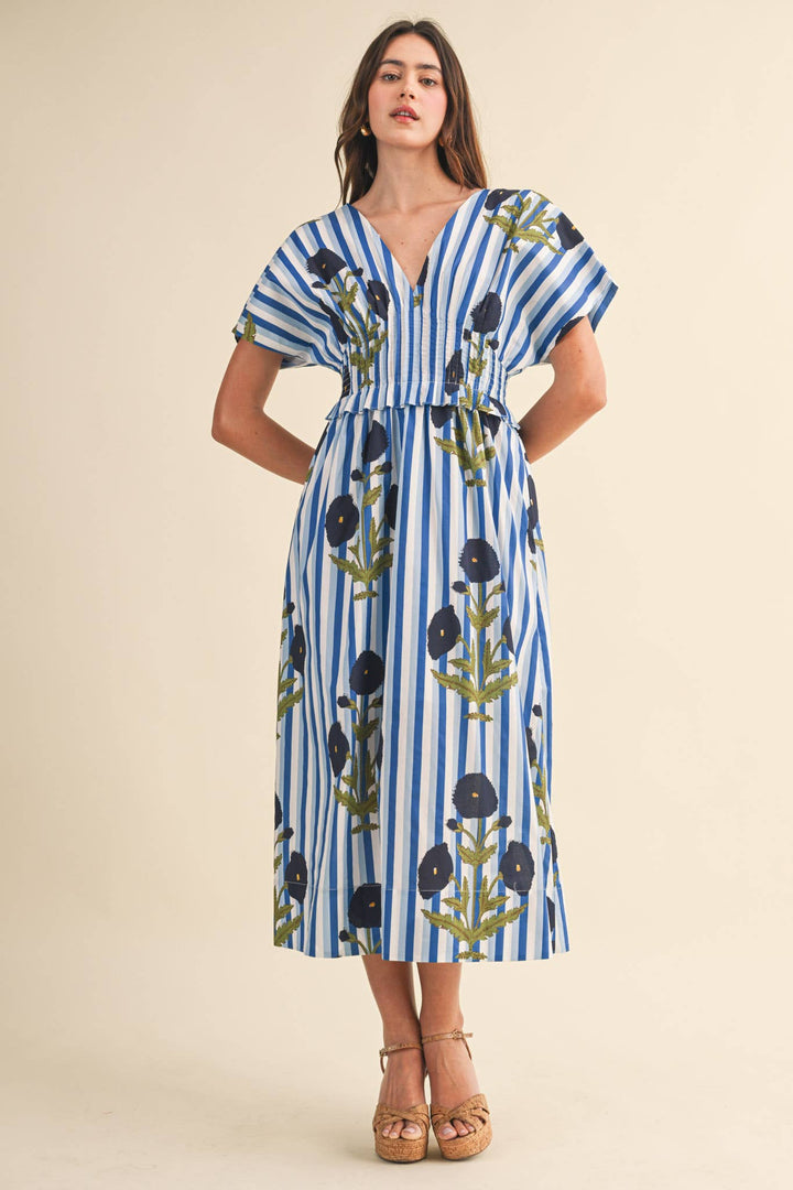 Dresses - STRIPED FLORAL PIN TUCK WAIST MIDI DRESS - - Cultured Cloths Apparel