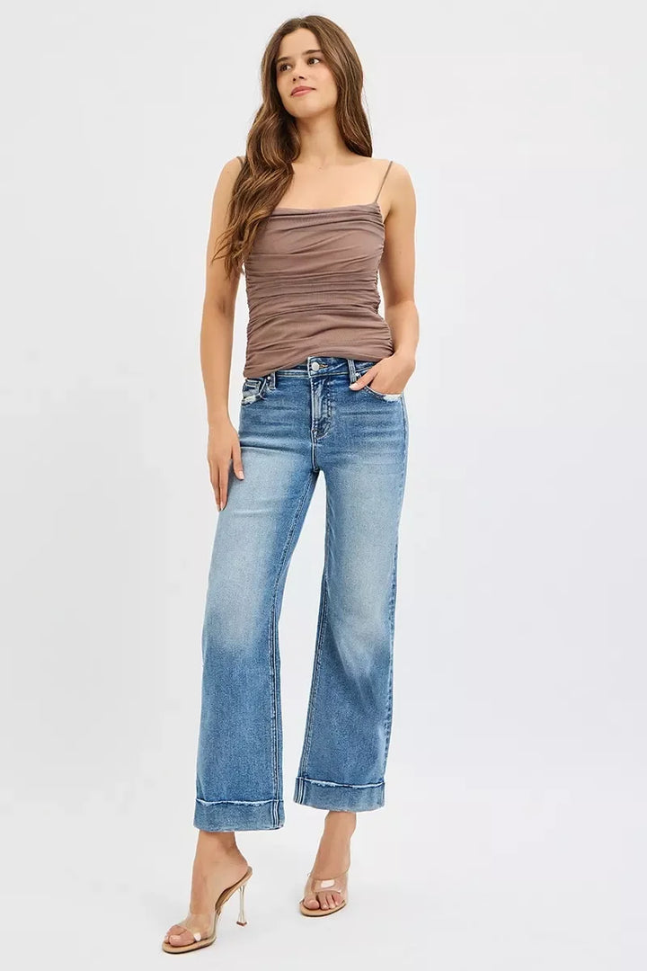 Denim - RISEN Full Size Mid Rise Crop Straight Jeans with Taylor Cuffed Plus Size - - Cultured Cloths Apparel