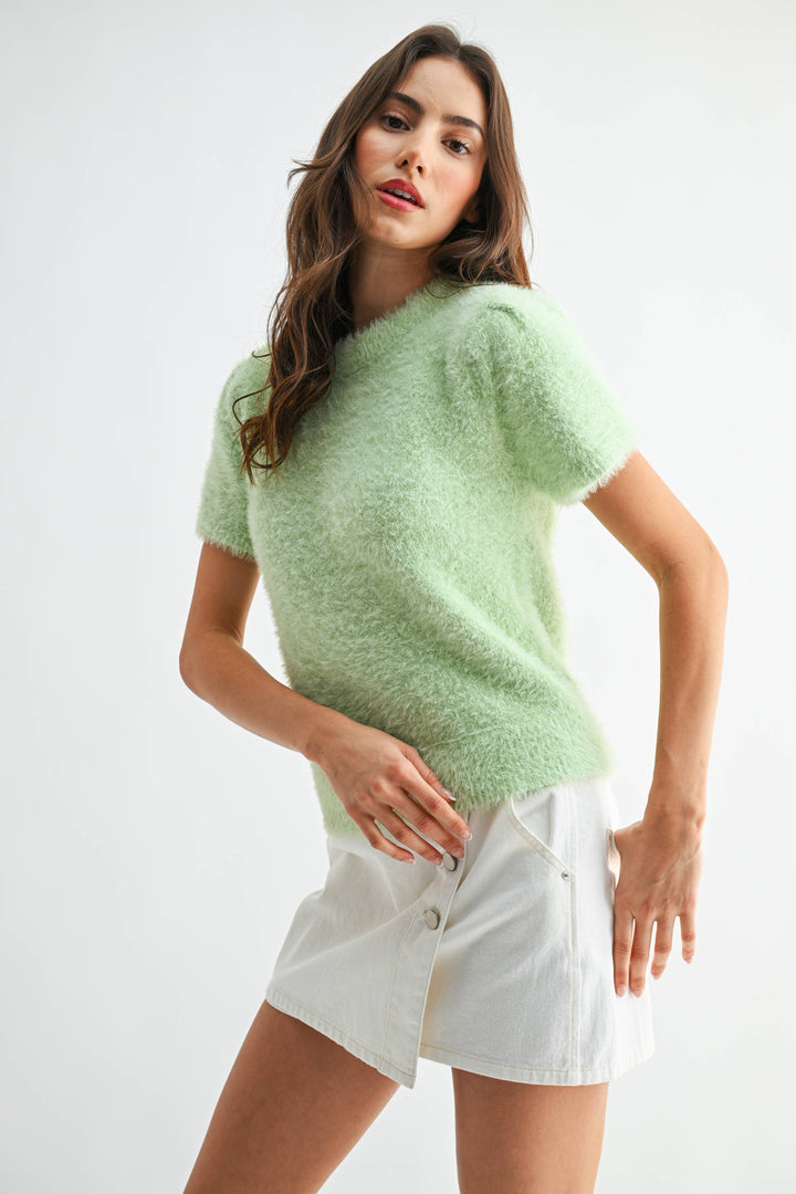 Women's Short Sleeve - Soft Pink Fuzzy Knit Short Sleeve Sweater Top - - Cultured Cloths Apparel