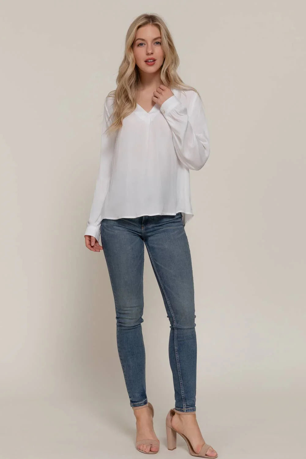 Women's Long Sleeve - Long Sleeve V-Neck with Pleats Satin Blouse - - Cultured Cloths Apparel