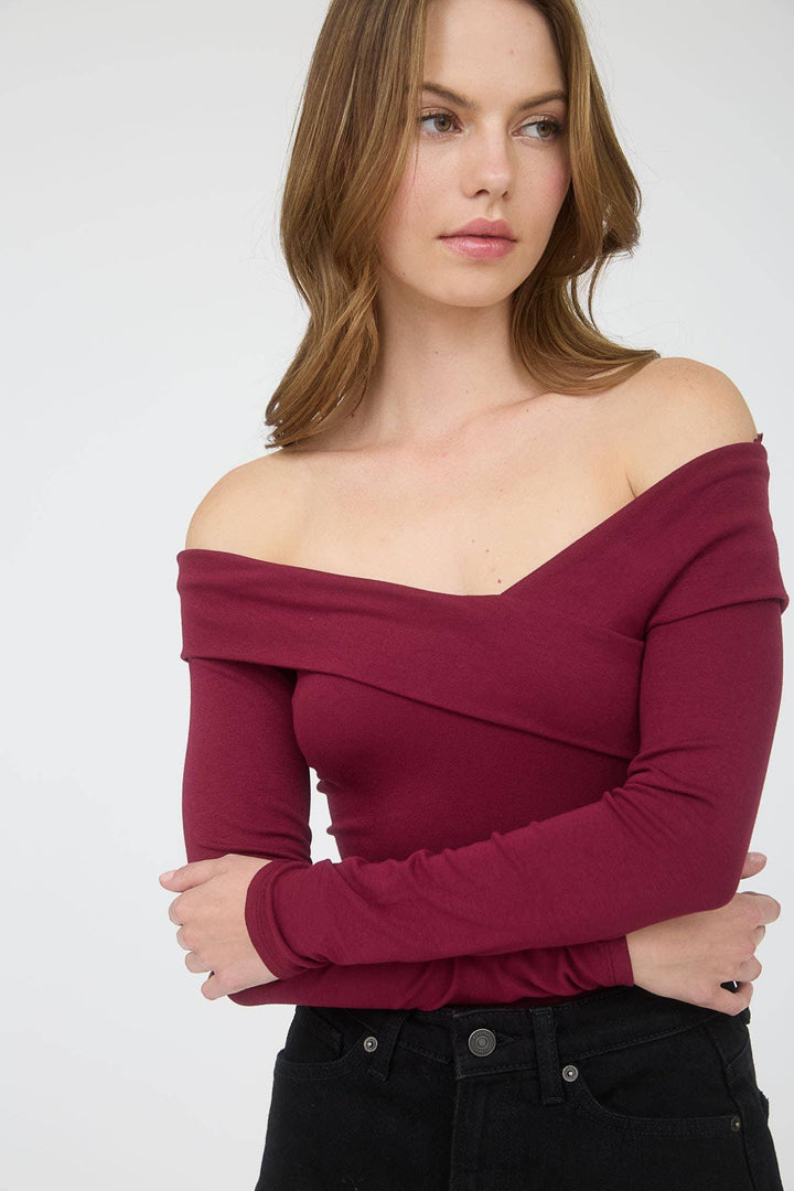 Women's Long Sleeve - OFF SHOULDER WRAP DETAIL LONG SLEEVE KNIT TOP - - Cultured Cloths Apparel