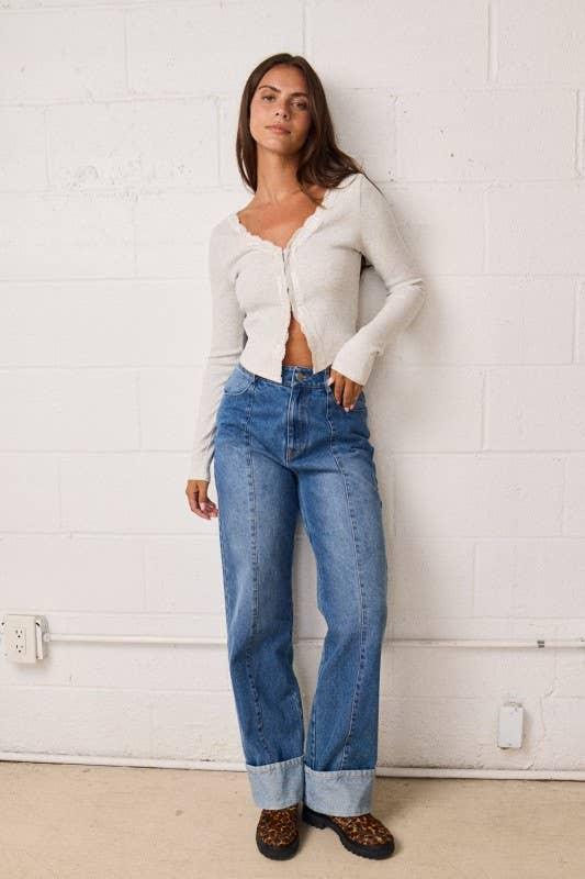 Women's Sweaters - Ribbed Stretchy Fitted Lacey N-Neck Top - - Cultured Cloths Apparel