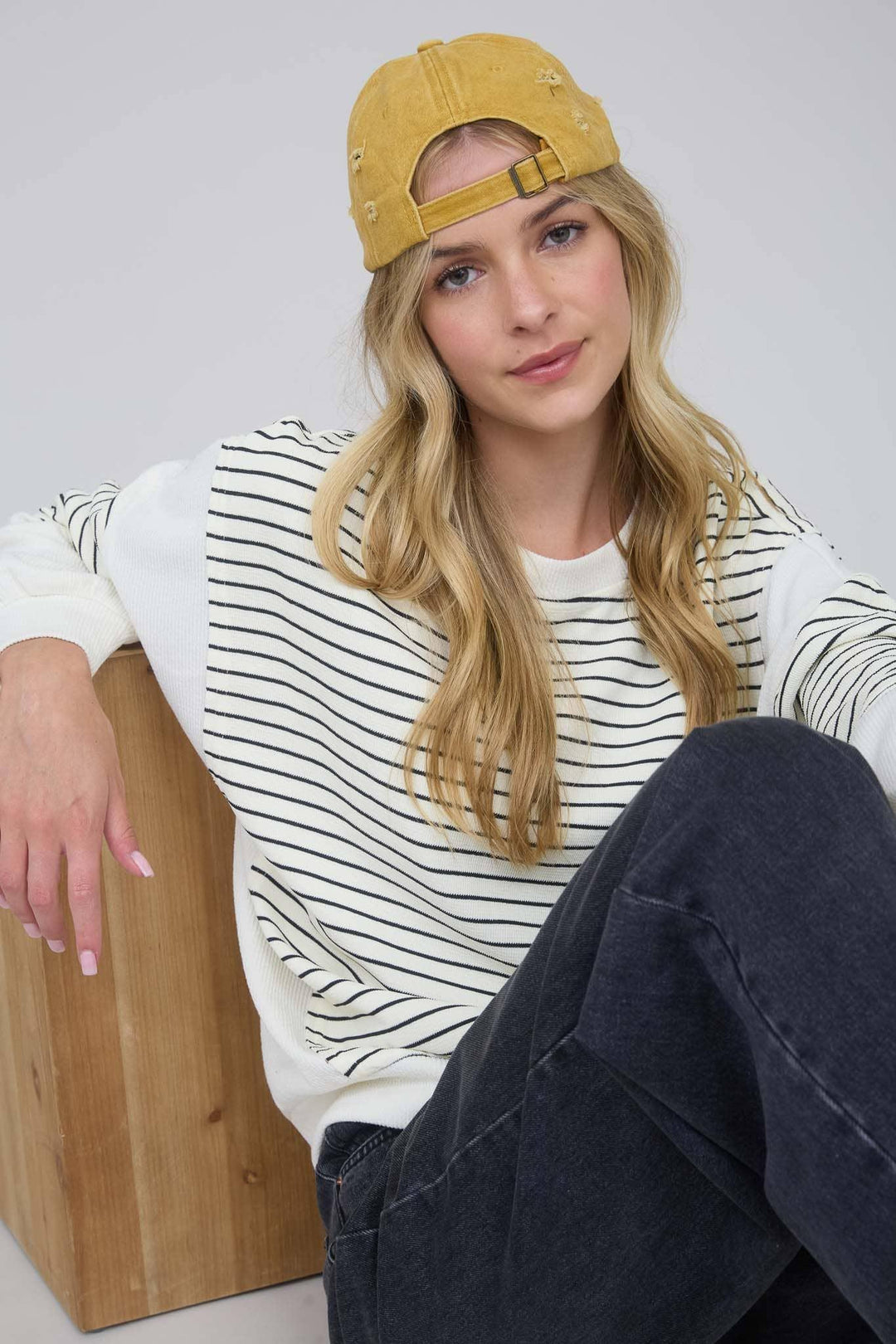 Women's Long Sleeve - CONTRAST STRIPE RAW EDGE LONG SLEEVE KNIT TOP - IVORY - Cultured Cloths Apparel