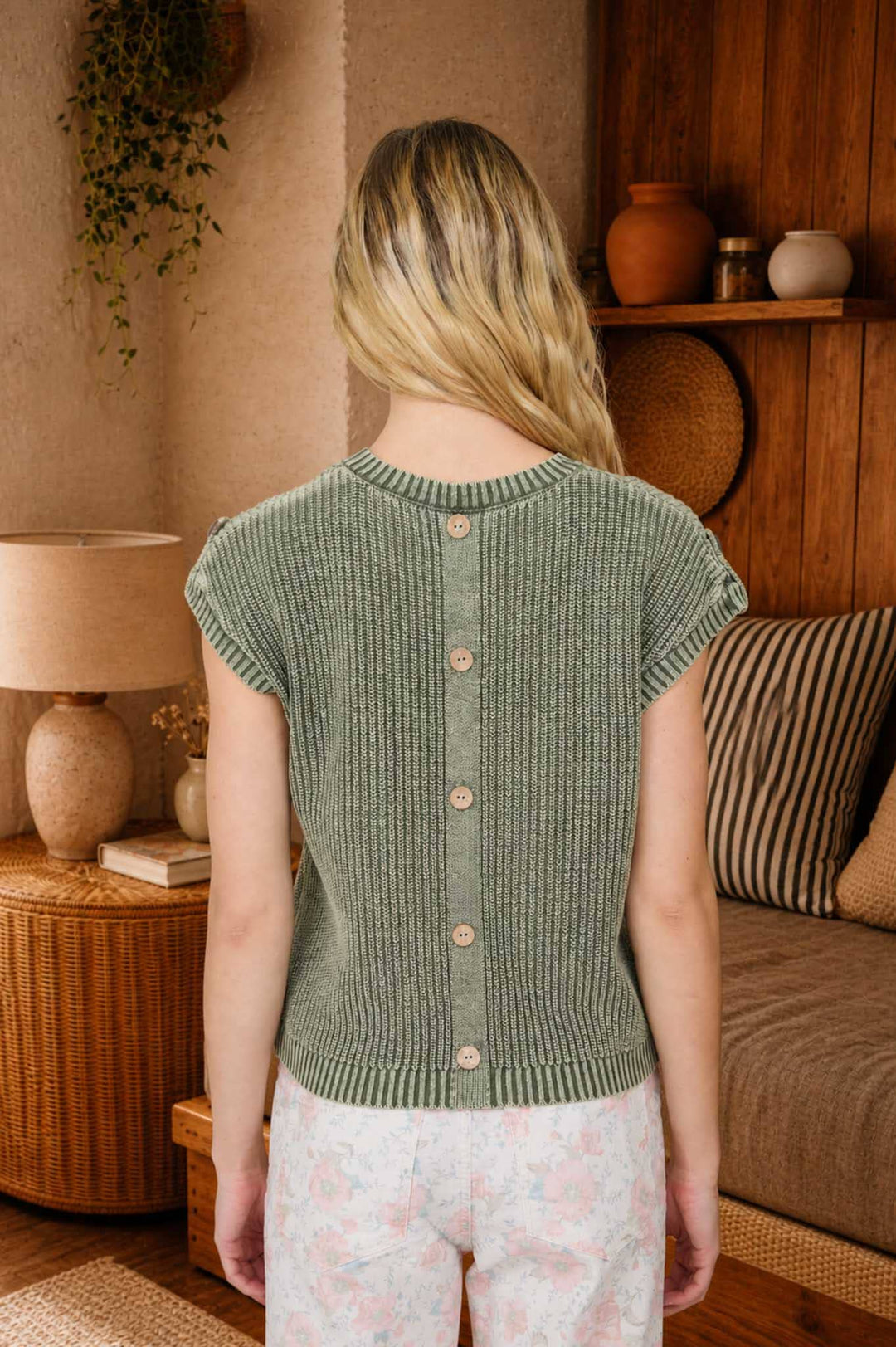Women's Short Sleeve - ACID WASHED TAB SLEEVE BACK BUTTON KNIT TOP: CHARCOAL - - Cultured Cloths Apparel
