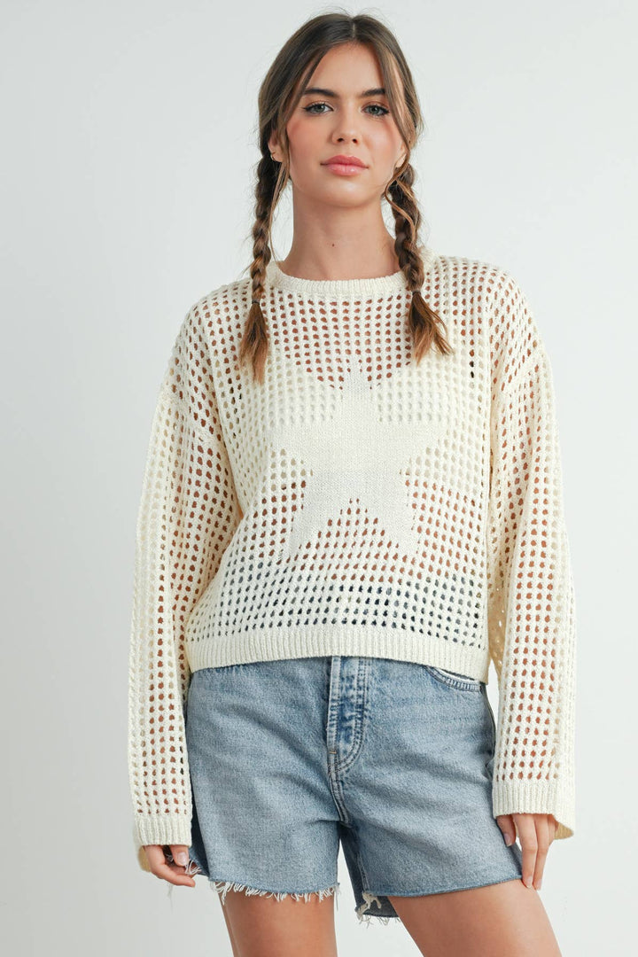Women's Sweaters - Star Crew Neck Crochet Sweater - - Cultured Cloths Apparel