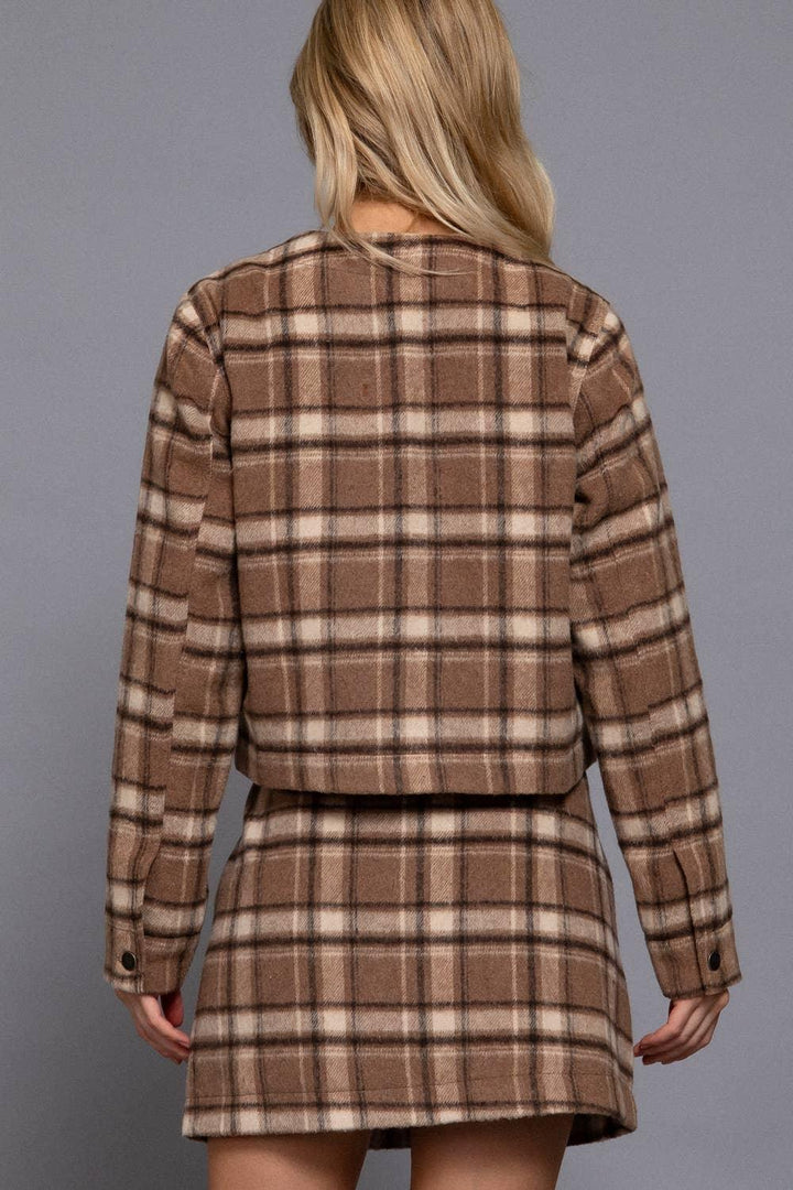 Outerwear - Long Sleeve Round Neck Brushed Plaid Jacket - - Cultured Cloths Apparel