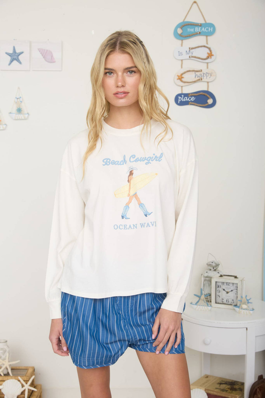 Graphic T-Shirts - BEACH COWGIRL LONG SLEEVE KNIT TOP - - Cultured Cloths Apparel