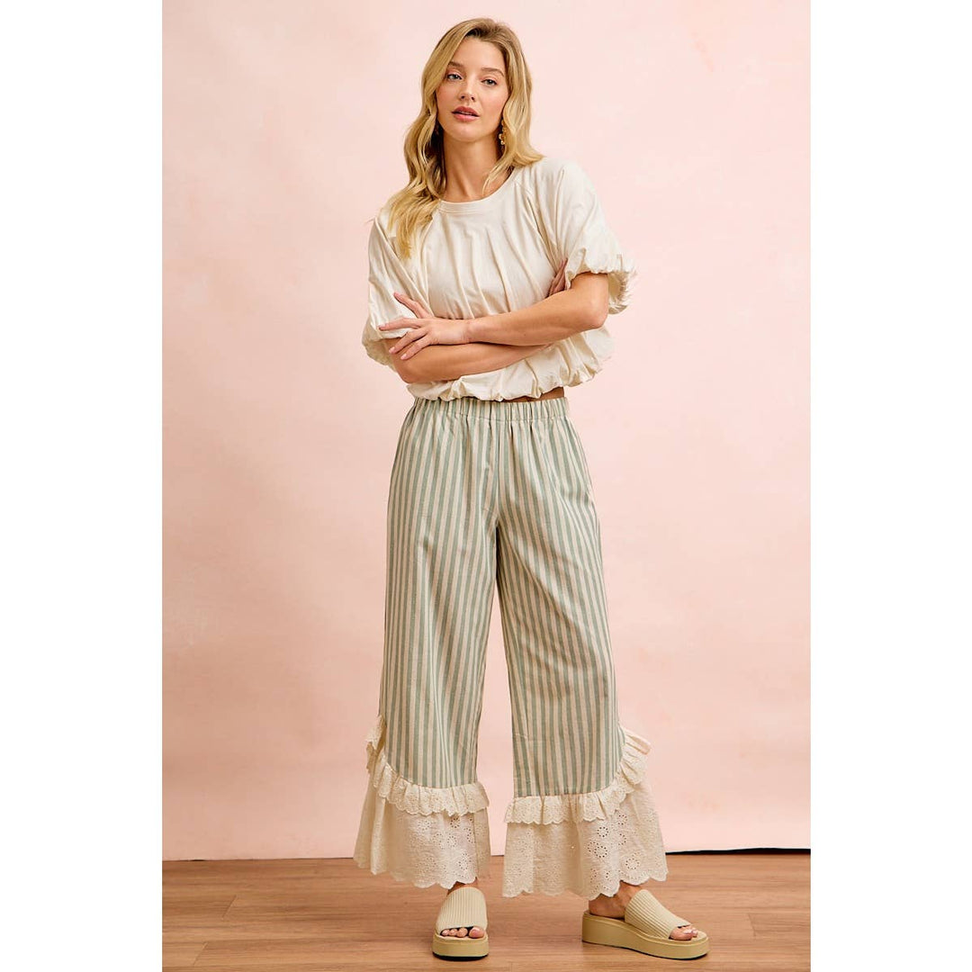 Pants - STRIPE WOVEN RUFFLED LACE HEM PANTS WITH SIDE POCKET - - Cultured Cloths Apparel