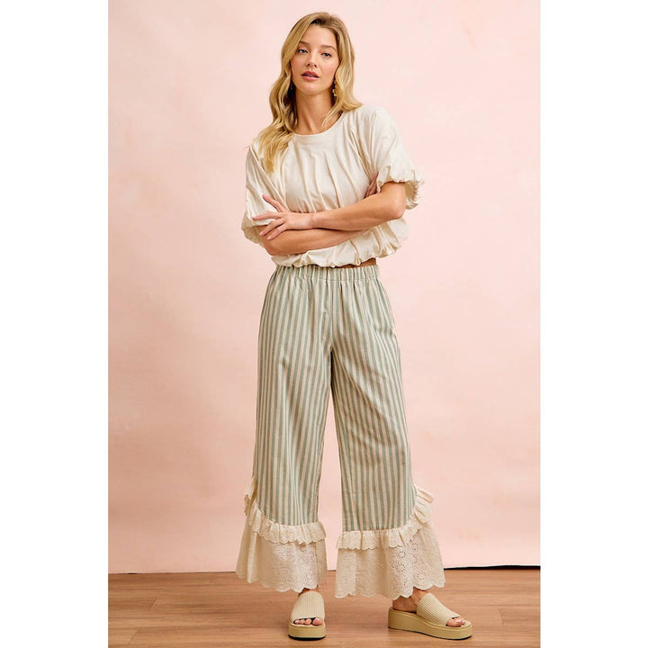 Pants - STRIPE WOVEN RUFFLED LACE HEM PANTS WITH SIDE POCKET - - Cultured Cloths Apparel