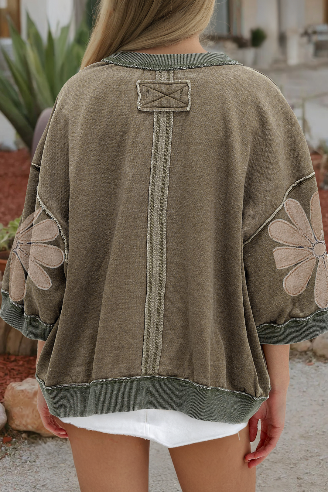 Mineral Wash Raw Seam Patchwork 3/4 Sleeve Top
