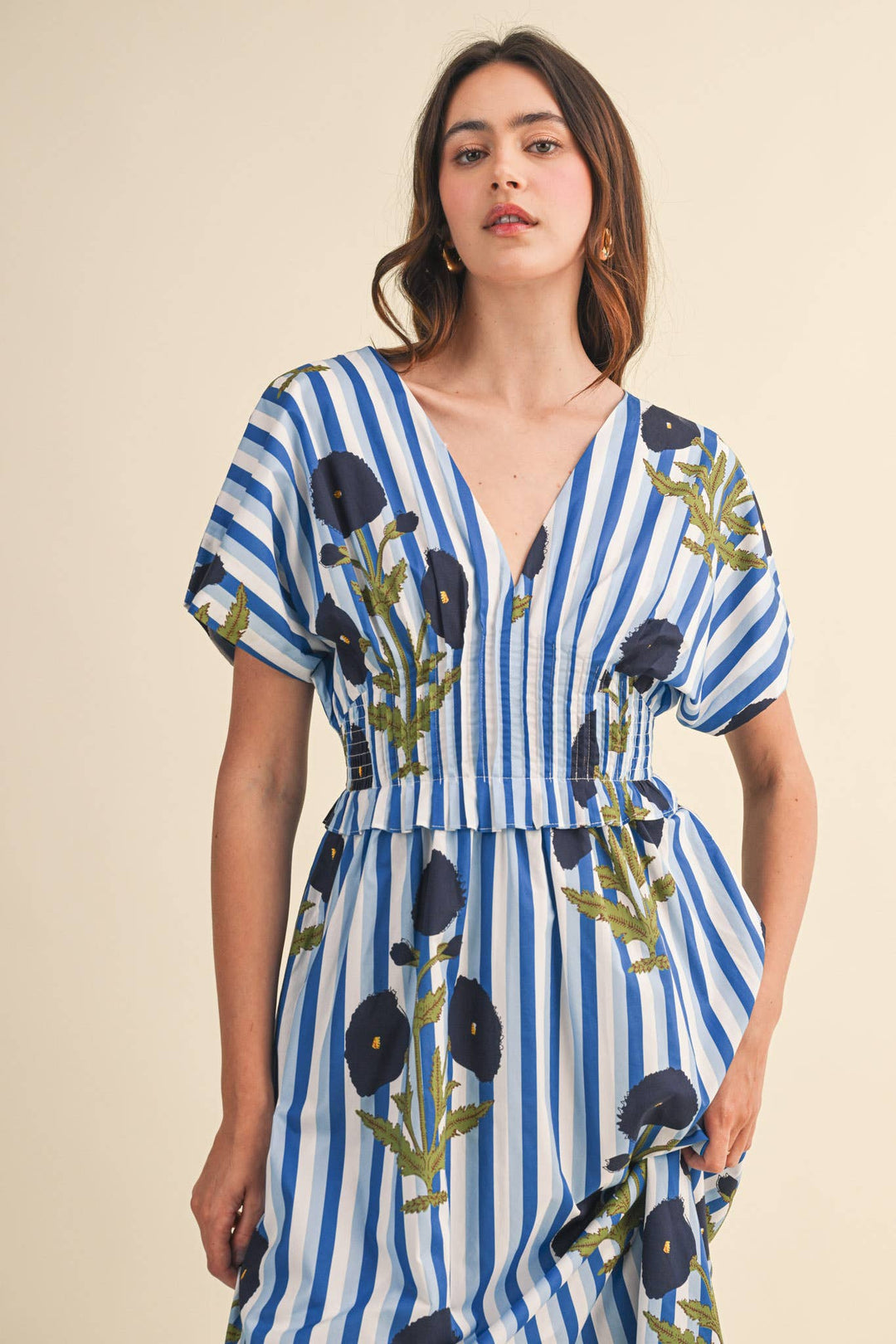 Dresses - STRIPED FLORAL PIN TUCK WAIST MIDI DRESS - - Cultured Cloths Apparel
