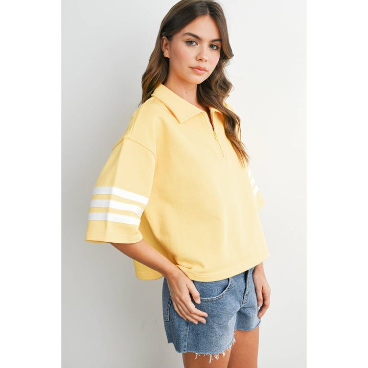 Women's Short Sleeve - Striped Sleeve Quarter-Zip Pullover - - Cultured Cloths Apparel