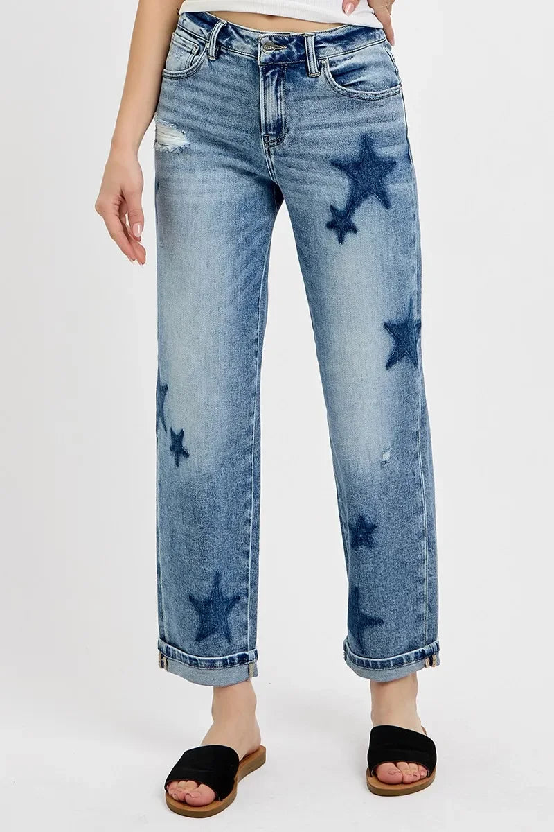 Denim - RISEN Full Size Mid Rise Boyfriend Star Shadow Detail Cuffed Jeans Plus Size - - Cultured Cloths Apparel