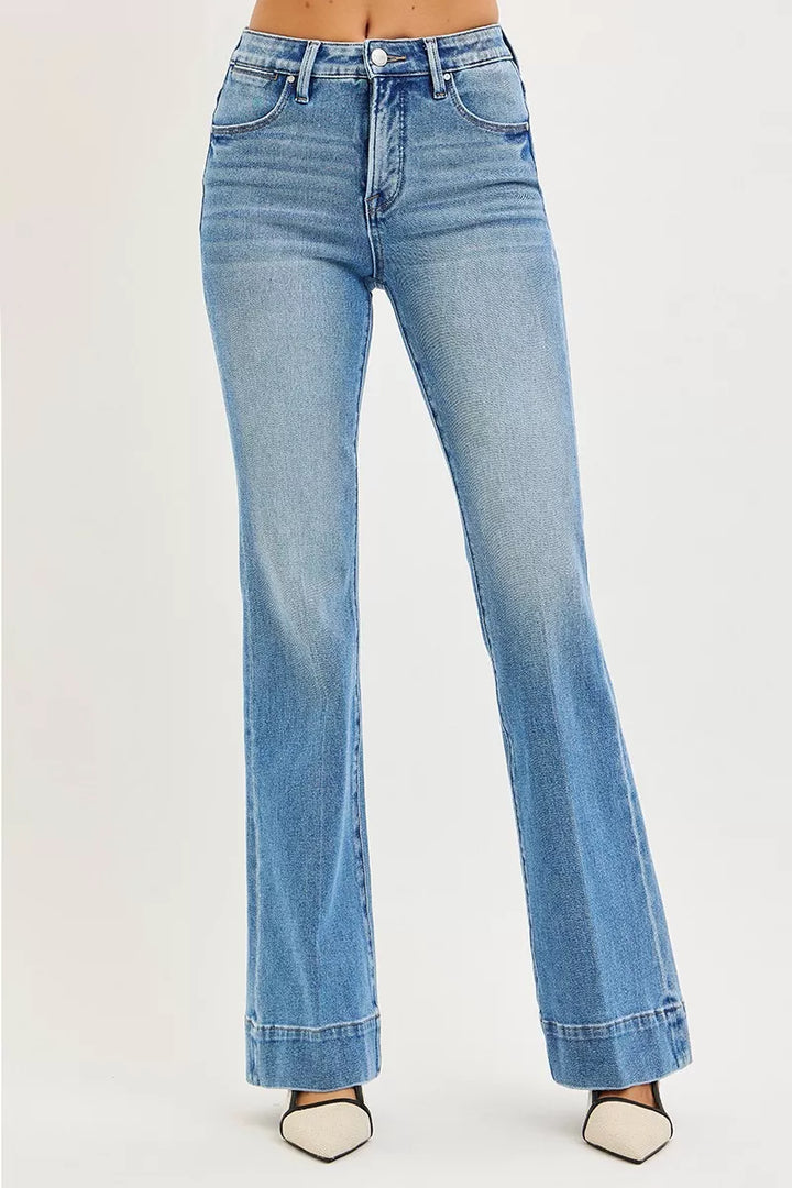 Denim - RISEN Tummy Control 4 Way Stretch Mid Rise Flare Jeans - - Cultured Cloths Apparel