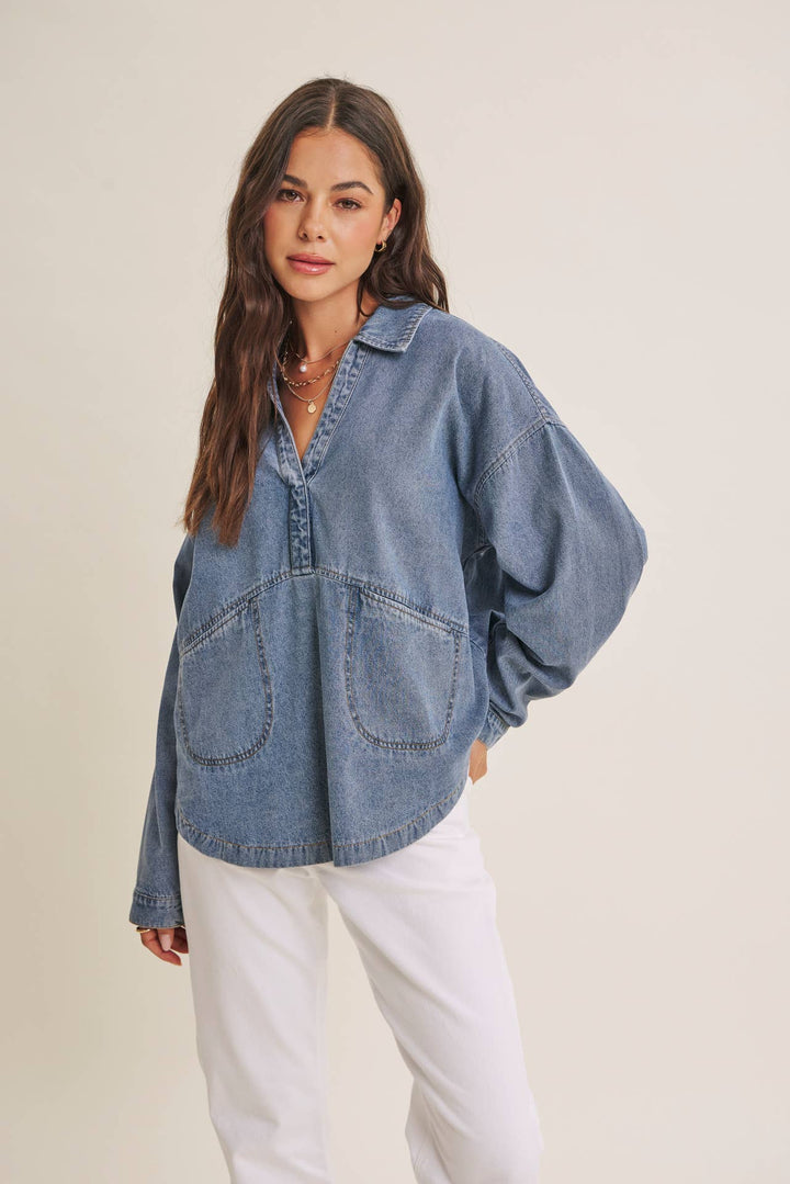 EASY LIVING MINERAL-WASHED COTTON DENIM OVERSIZED POCKET TOP