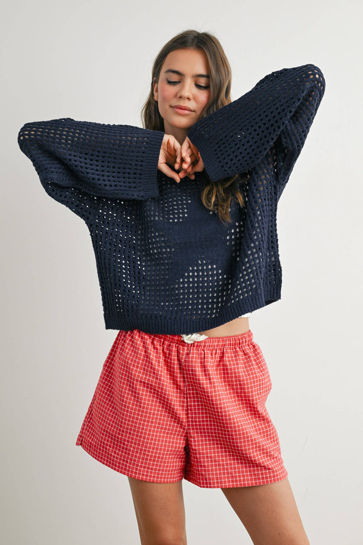Women's Sweaters - Star Crew Neck Crochet Sweater - - Cultured Cloths Apparel