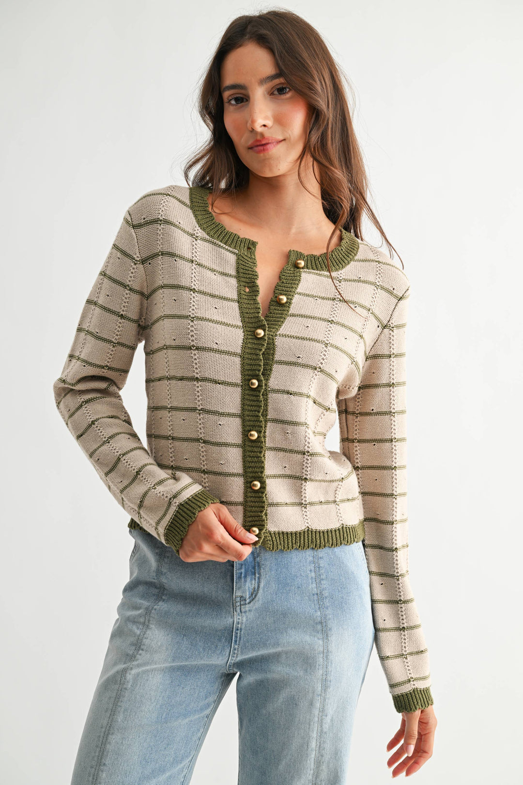 Olive Trim Button-Up Cardigan