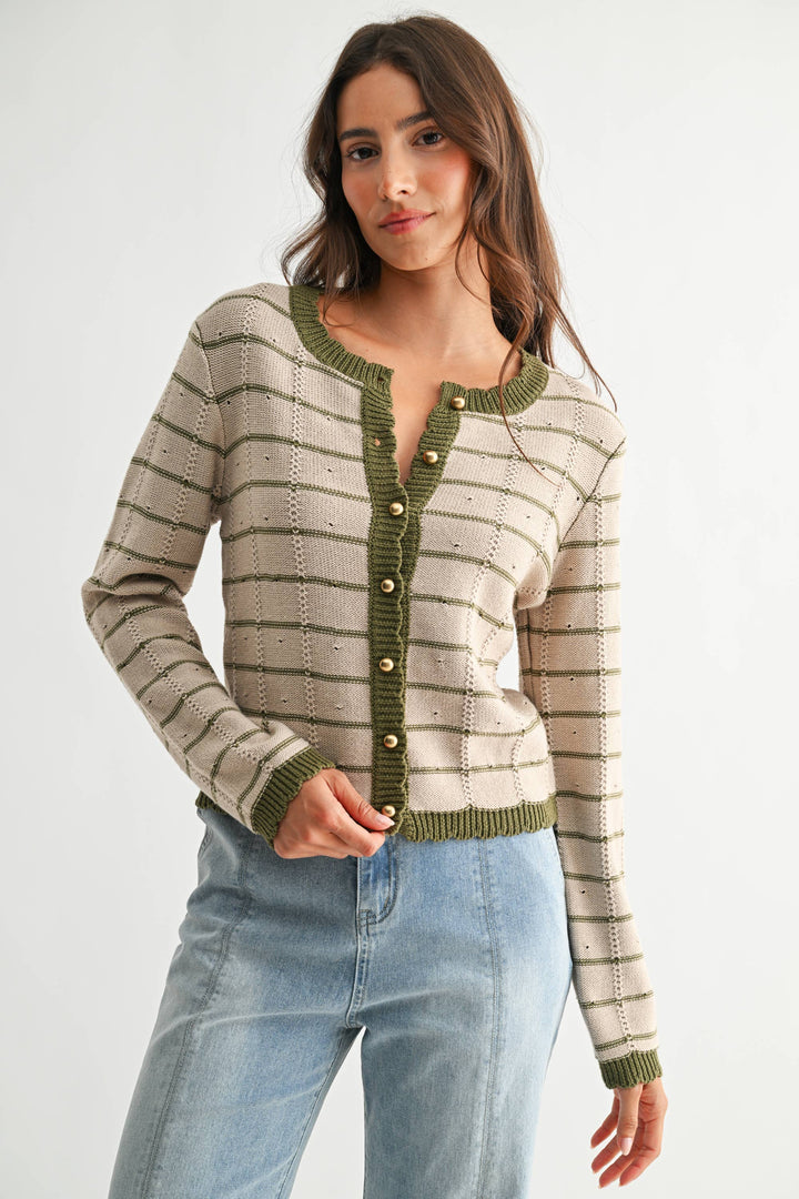 Olive Trim Button-Up Cardigan