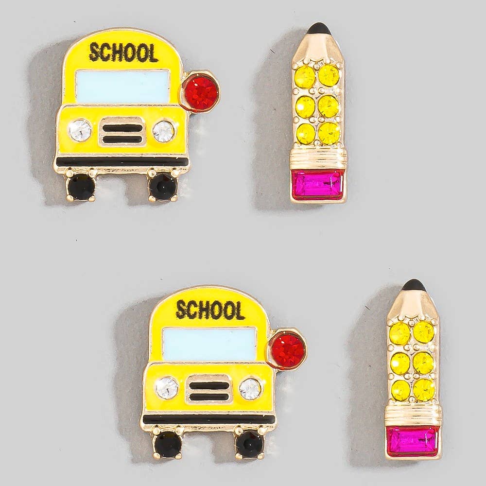 Accessories, Earrings - Enamel School Bus And Pencil Stud Dangle Earrings - - Cultured Cloths Apparel