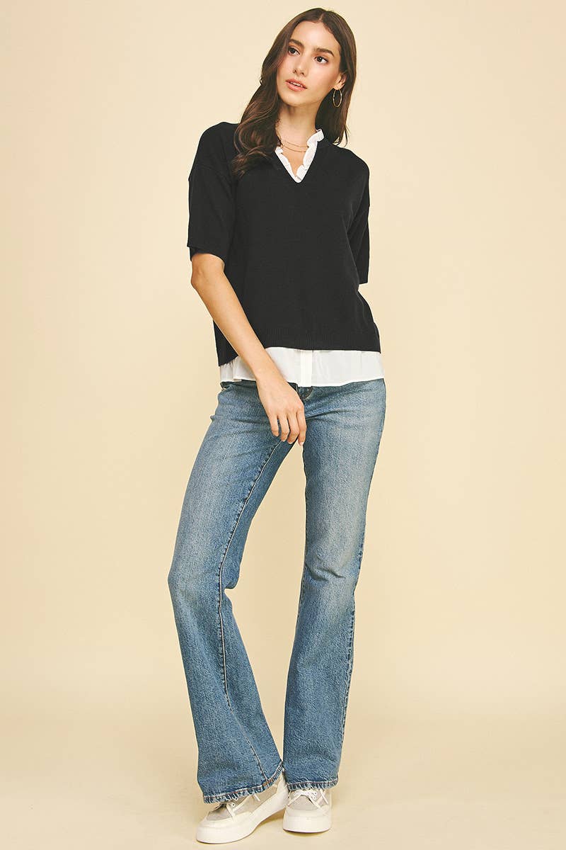 Women's Short Sleeve - MIXED MEDIA LAYERED KNIT TOP - - Cultured Cloths Apparel