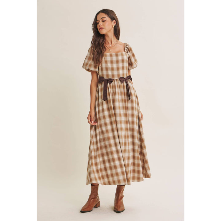 Women's Dresses - GOLDEN FIELD PLAID SMOCKED MIDI DRESS WITH CONTRAST BOW - - Cultured Cloths Apparel