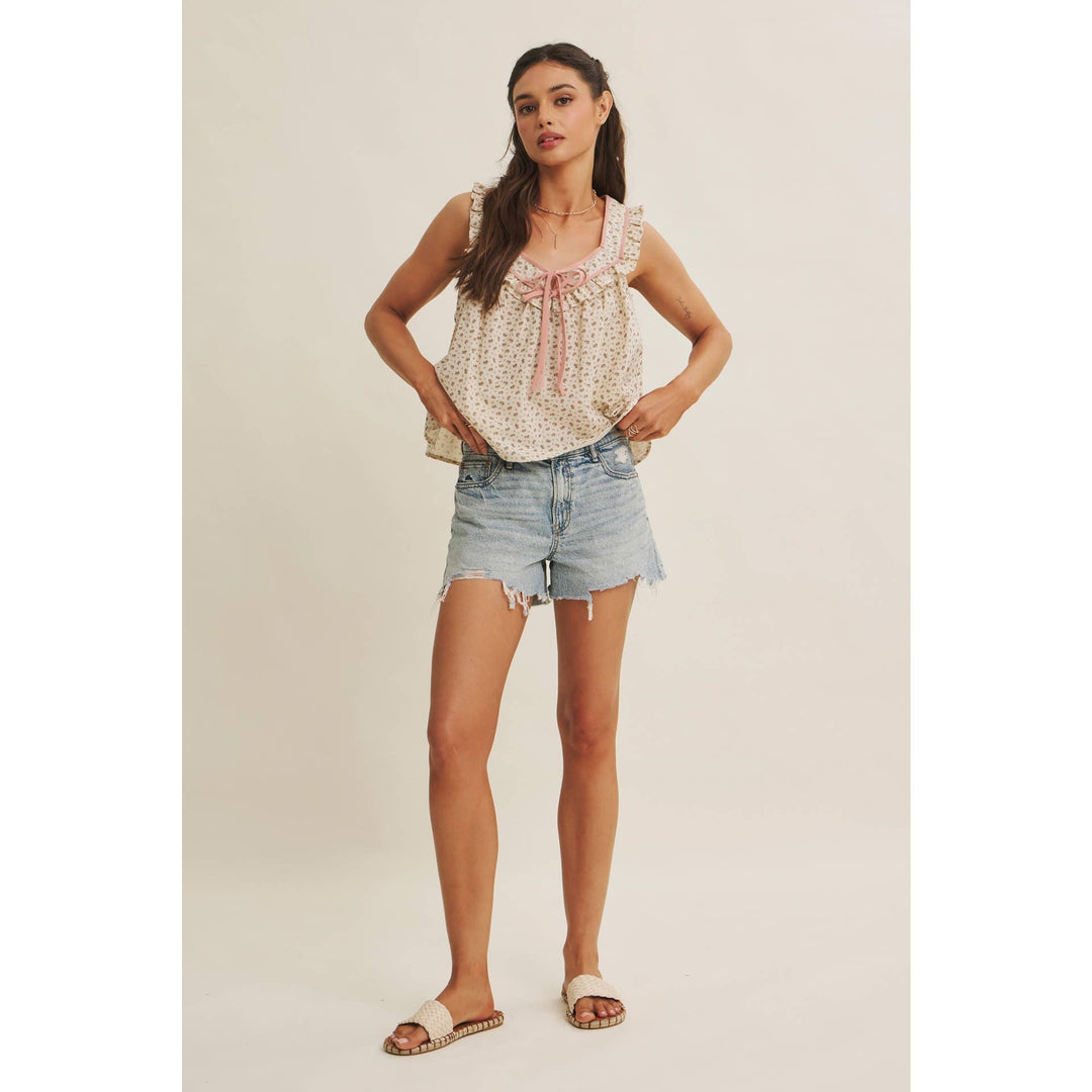 Women's Sleeveless - ANTIQUE MEADOW CONTRAST BINDING FLORAL RUFFLED BLOUSE TOP - - Cultured Cloths Apparel